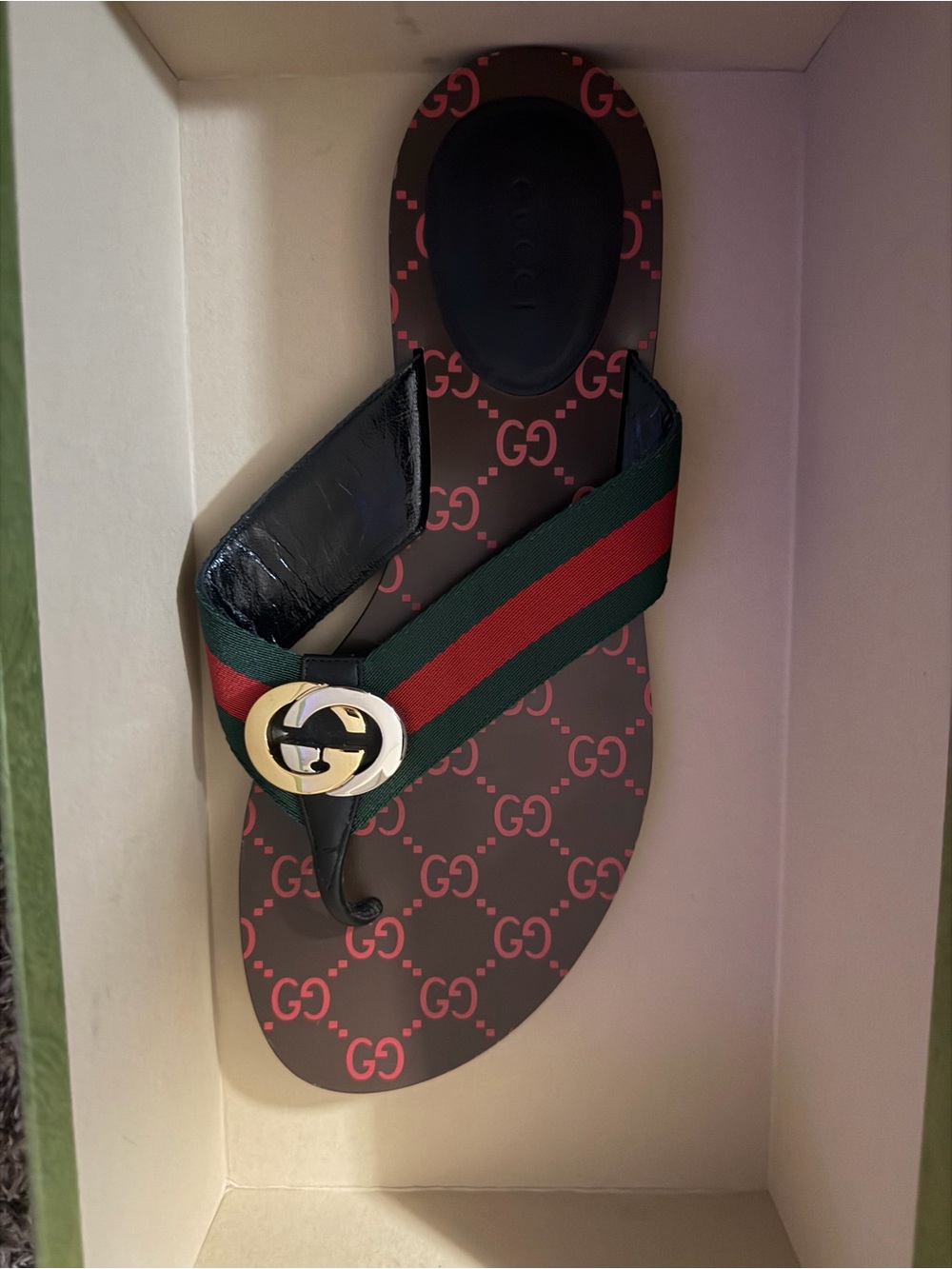 Gucci women  Black Flip-Flop with Green and Red Web and Gold GG